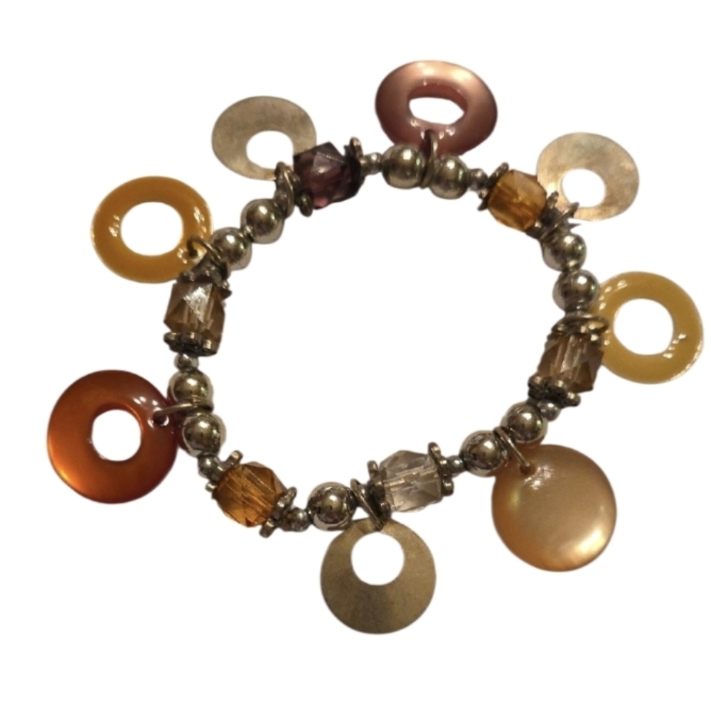 Vintage Colorful Beaded Bracelet Mother Of Pearl,silver Discs Charms Cubed Beads